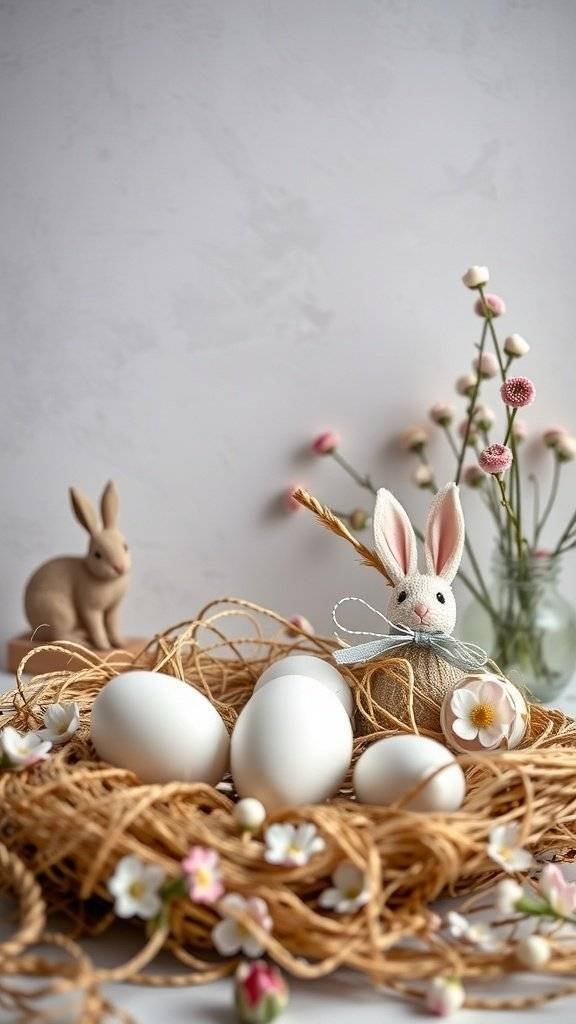 Easter decor featuring white eggs in a straw nest with a small bunny figure and delicate flowers.