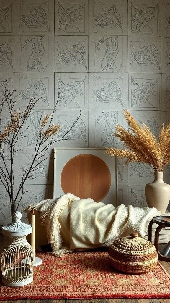 A serene Easter decor setup featuring soft neutrals, a cozy blanket, dried grasses in a vase, and a woven basket.