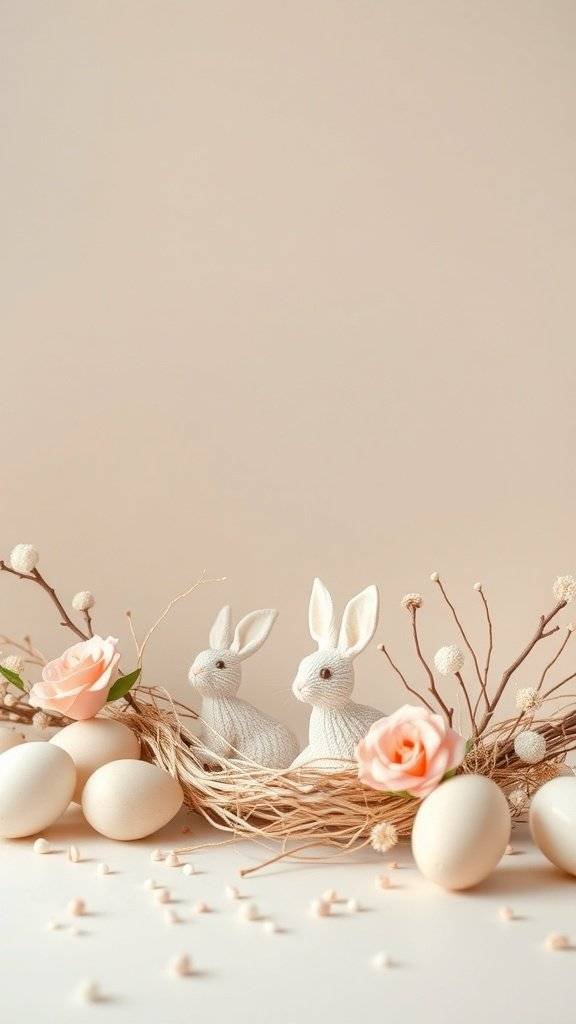 Easter decor featuring soft neutral colors, two bunnies, roses, and eggs.