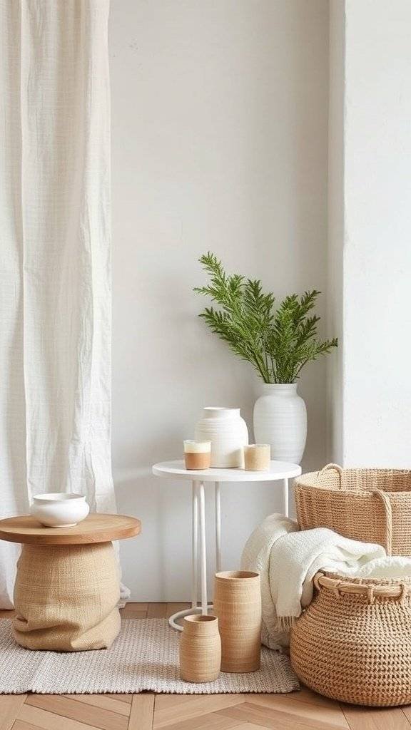 Minimal Easter tablescape featuring a textured tablecloth, white ceramics, and a wooden cutting board.