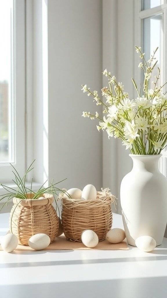 A serene Easter decor setup featuring woven baskets with eggs and a vase of flowers on a table.