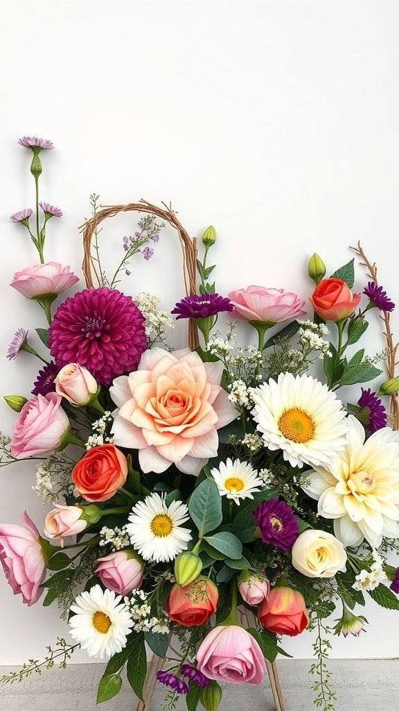 A vibrant floral arrangement featuring roses, daisies, and other blooms in soft pastel colors.