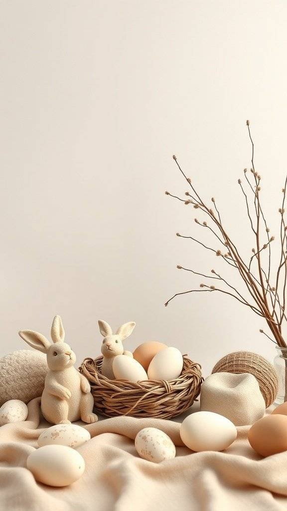 A soft Easter decor arrangement featuring bunnies, eggs, and neutral fabrics.