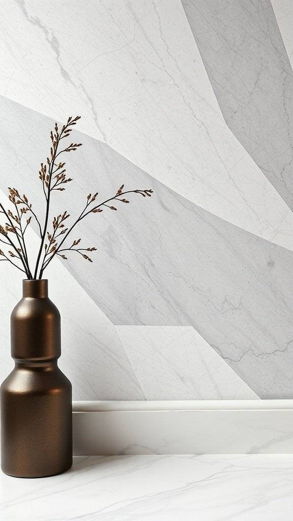 A bronze vase with branches against a marble wall, showcasing soft neutral Easter decor.