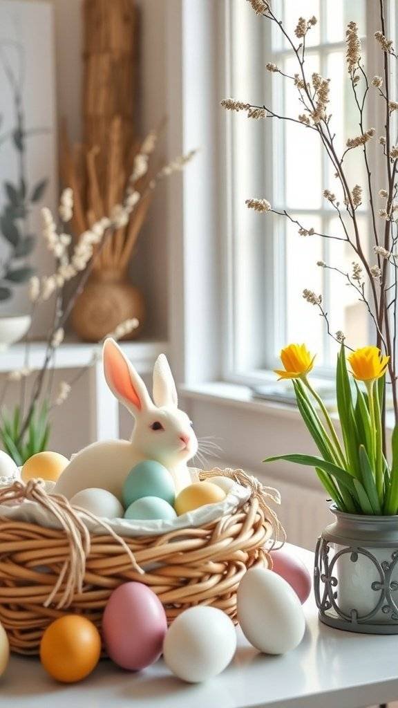 A white bunny in a basket with pastel eggs, surrounded by yellow flowers and a modern decor setting.
