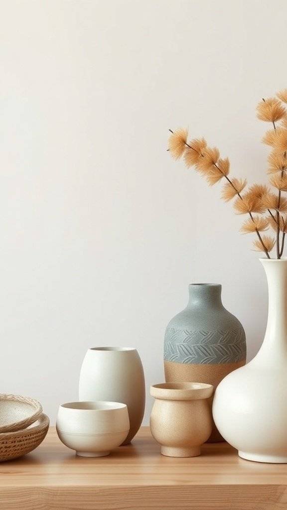 A collection of neutral vases and bowls arranged on a wooden surface with delicate branches in a vase.