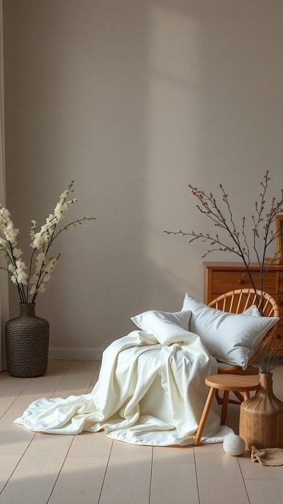 Cozy corner with a wooden chair, draped blanket, and floral arrangements in vases.