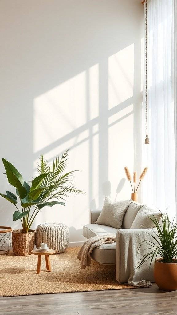 A cozy room with neutral decor, featuring a sofa, plants, and natural light.