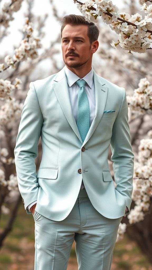 A man in a pastel mint suit standing among blooming flowers, embodying a retro spring style.