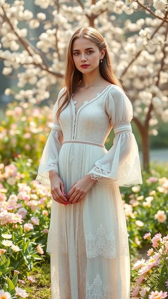 A woman in a pastel lace dress standing in a garden filled with flowers.