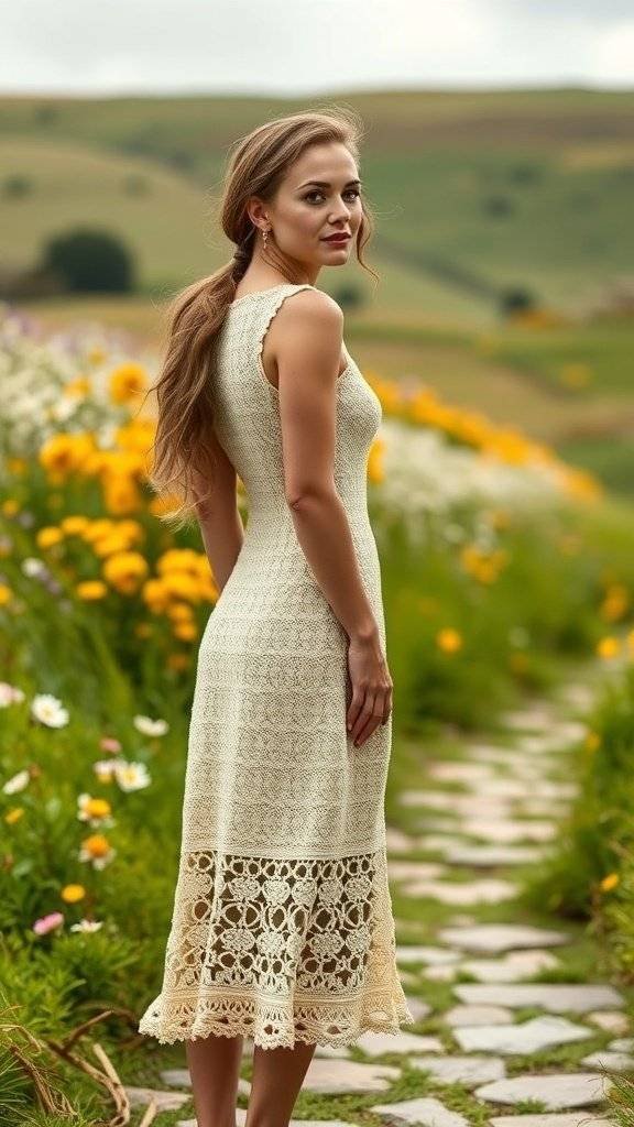 A woman wearing a crochet dress standing among wildflowers
