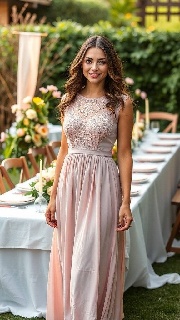 A woman in a blush gown standing at a beautifully set long Easter table.