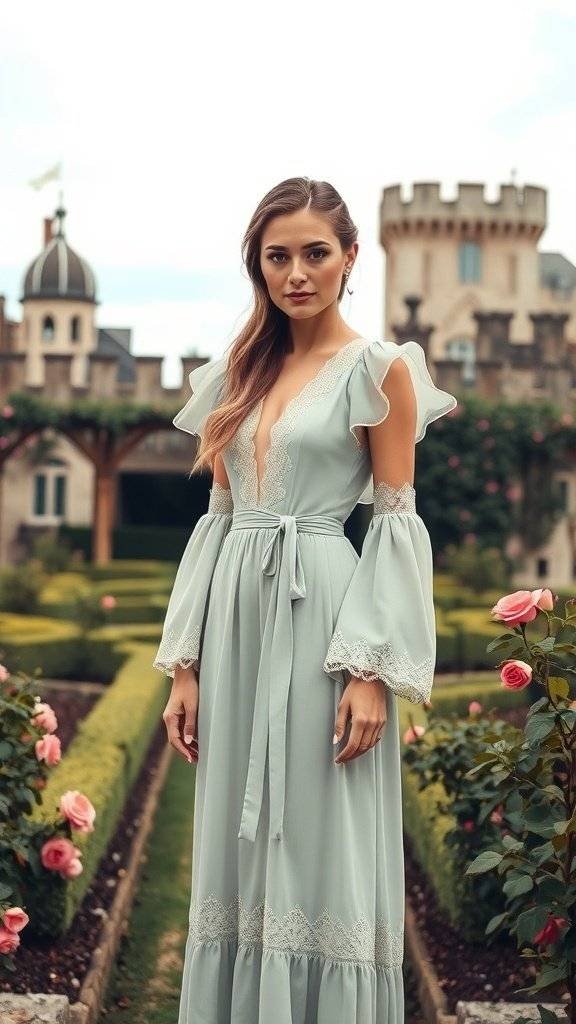 A woman wearing a soft green dress with ruffled sleeves standing in a castle garden surrounded by roses.
