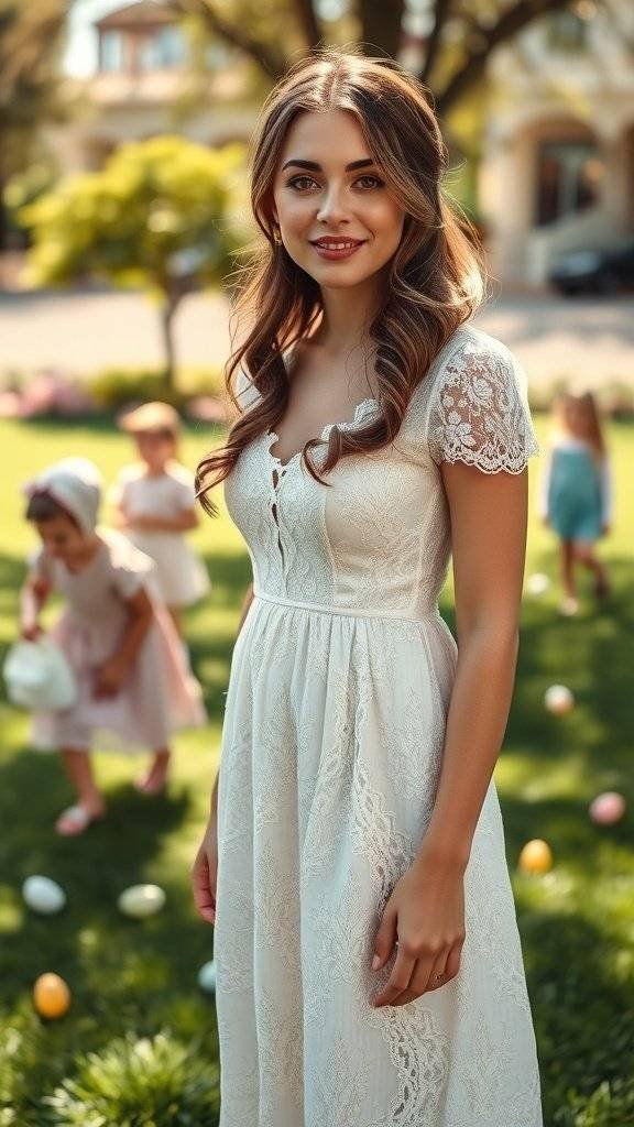 A woman in an ivory dress stands smiling in a garden, with children engaged in an Easter egg hunt in the background.