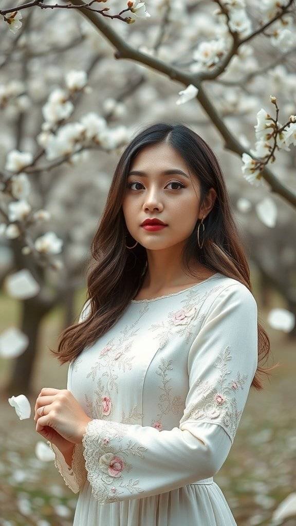 A woman wearing a cream dress with floral embroidery, standing among blooming flowers.