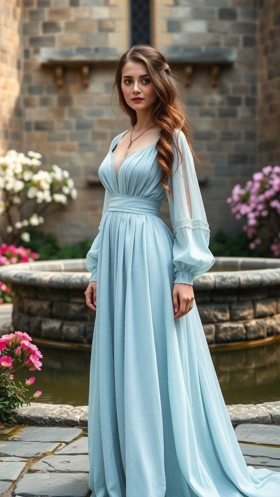 A woman in a pastel blue dress standing by a stone fountain in a garden.
