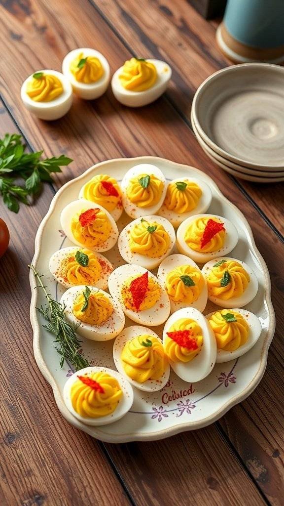 A platter of beautifully decorated deviled eggs with vibrant yellow filling and garnishes.
