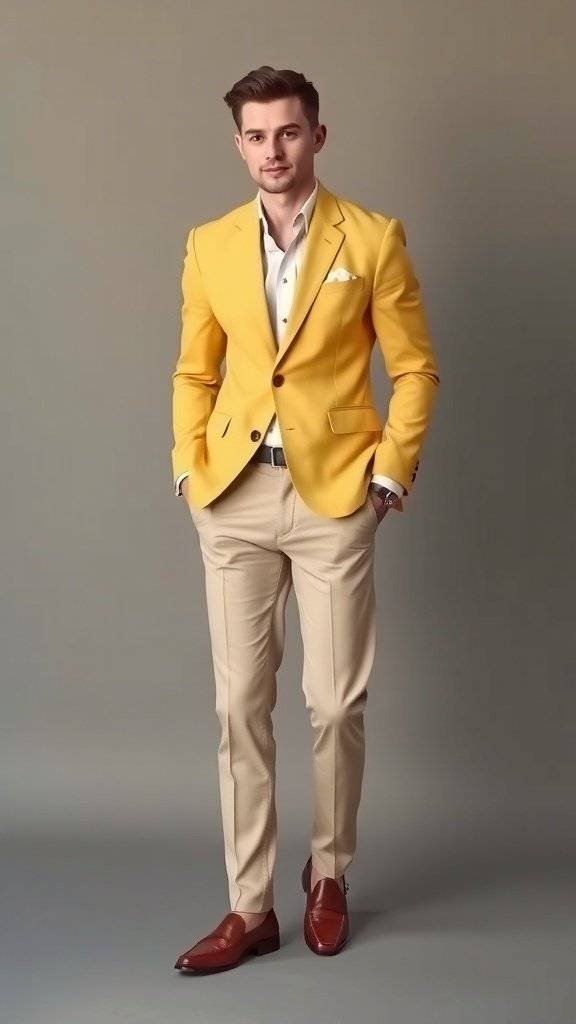 A stylish man wearing a bright yellow blazer with light trousers and brown shoes, embodying a retro mod look.