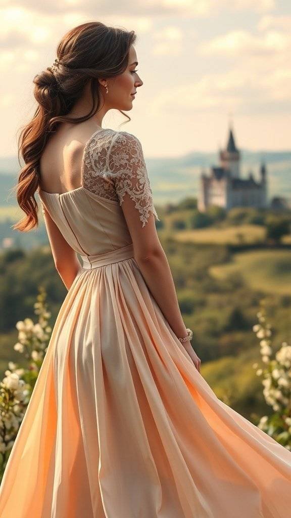 A woman in a soft peach dress with lace sleeves, standing in front of a castle view.