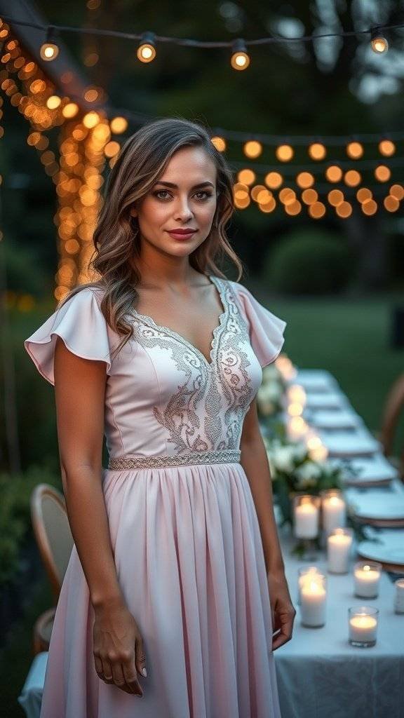 A woman in a romantic pink dress stands at a candlelit Easter table, surrounded by fairy lights.