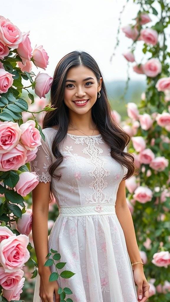 A woman in a floral lace dress standing in a rose garden, smiling.