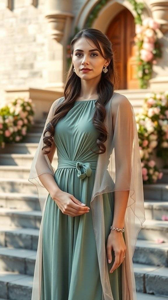 A woman in a sage dress with a flowing cape, standing elegantly on steps adorned with flowers.