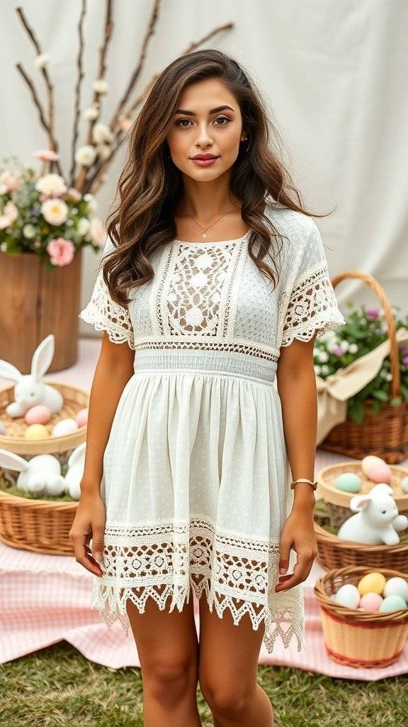 A woman in a cream crochet dress standing at a spring picnic with Easter decorations.