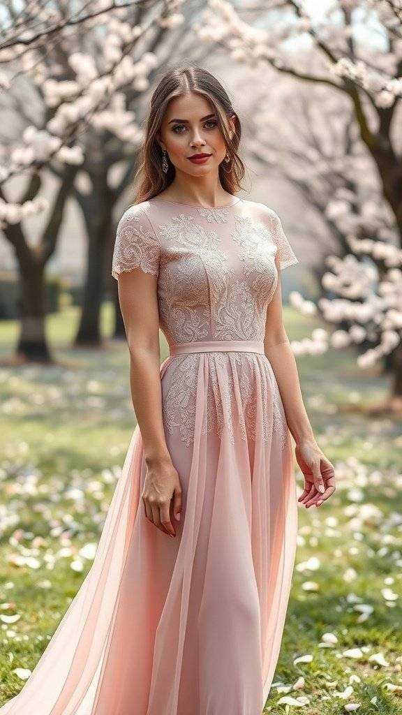 A woman wearing a blush dress standing under blossom trees