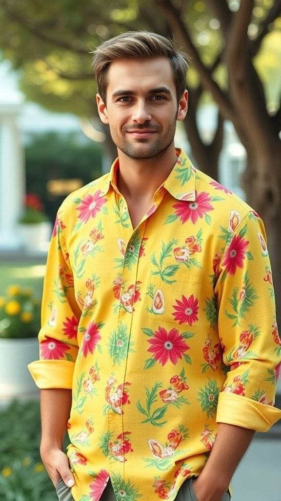A man wearing a bright yellow floral patterned shirt, smiling outdoors.