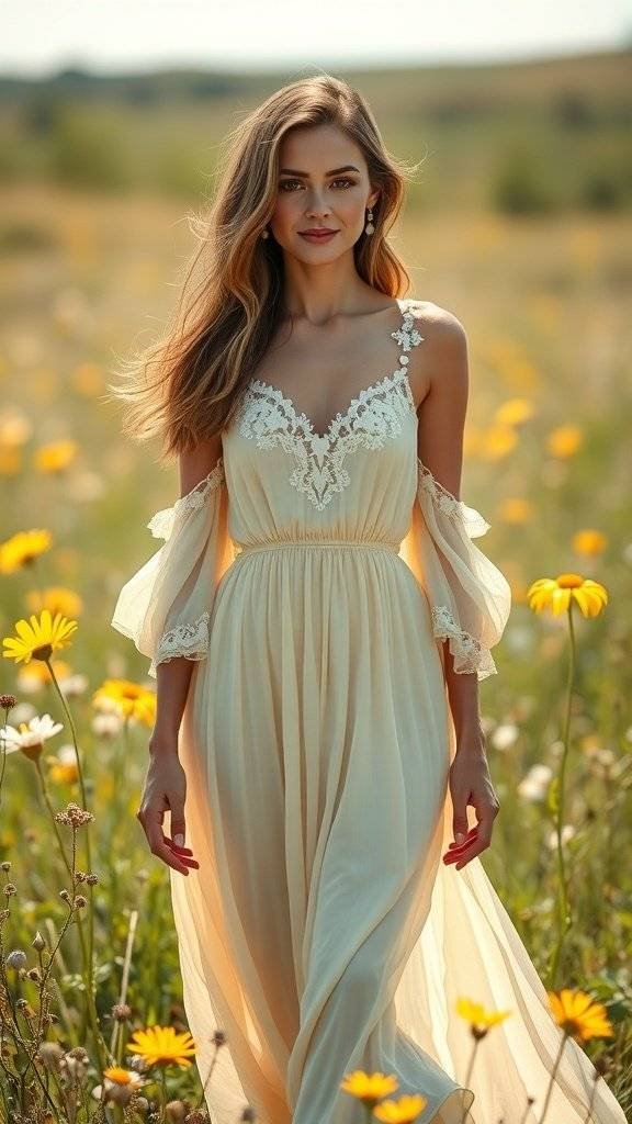 A woman wearing a pale yellow dress with lace details, standing in a spring meadow filled with flowers.