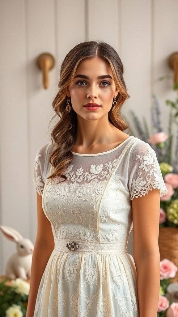 An elegant ivory dress with bunny accents, featuring a lace overlay and a flowing skirt, perfect for Easter.