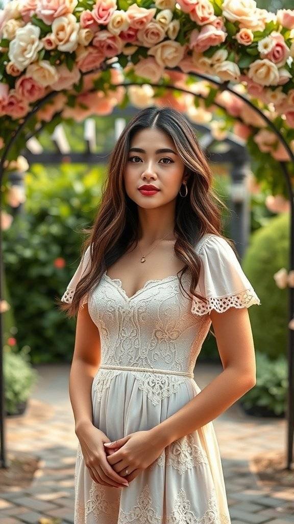 A woman in a pastel dress stands under a garden arch decorated with roses.