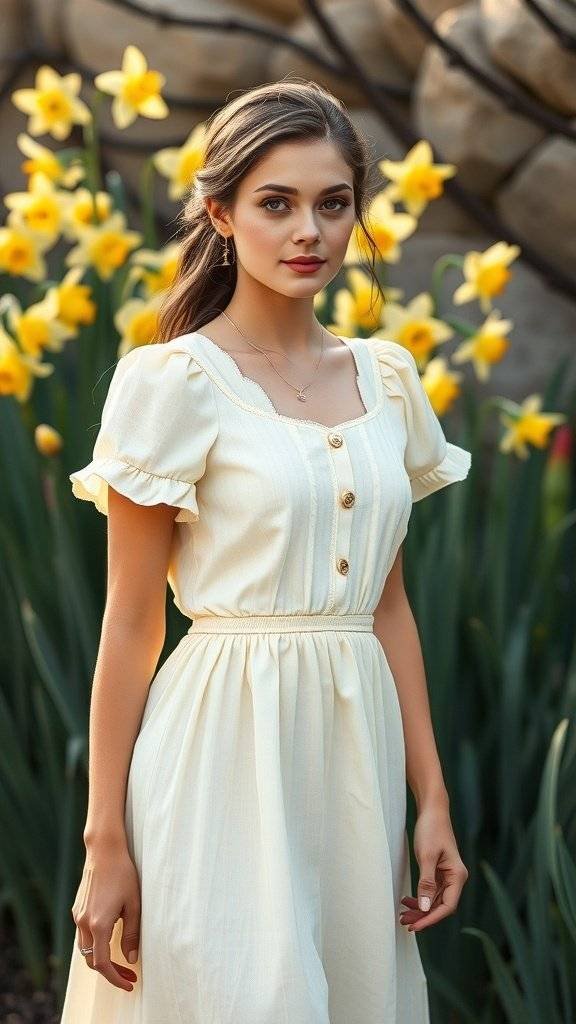 A woman in a natural cotton dress with daffodils in the background.