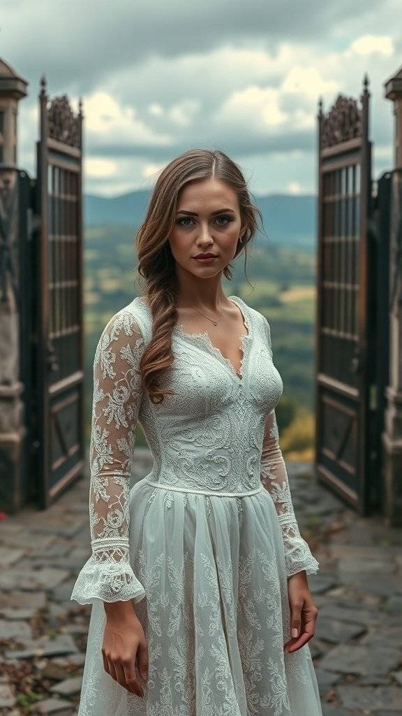 A woman in a lace dress standing near castle gates, with a scenic background.