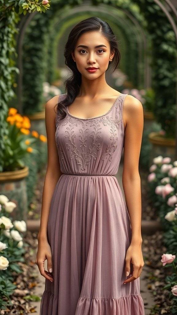A woman wearing a soft mauve dress standing in a garden pathway surrounded by flowers.