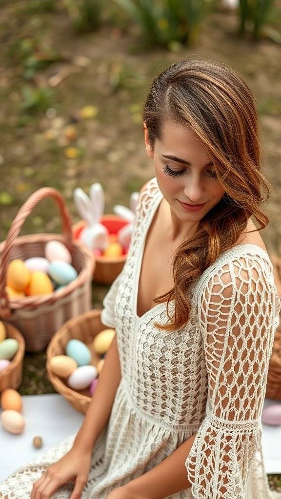 A woman in a crochet dress sitting near colorful Easter eggs and baskets during a picnic.