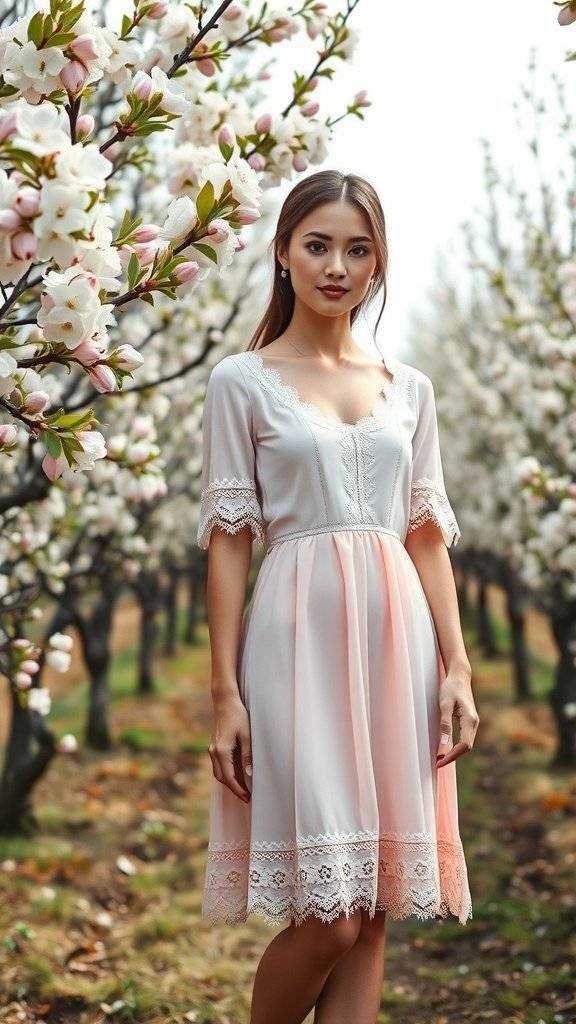 A woman in a pastel dress standing in an orchard filled with blooming flowers.