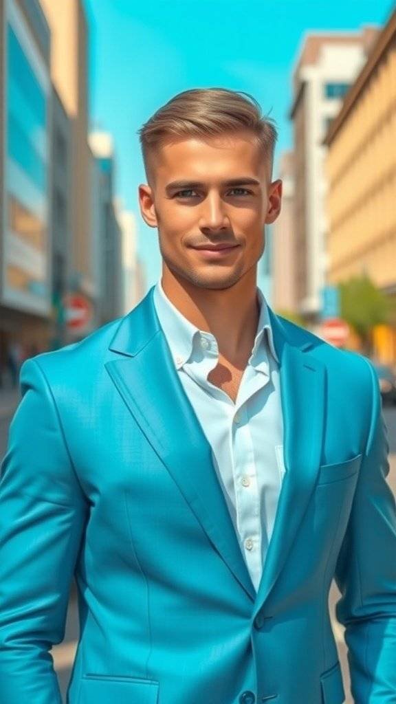 A stylish man in a bright blue slim-cut suit, smiling confidently in an urban setting.