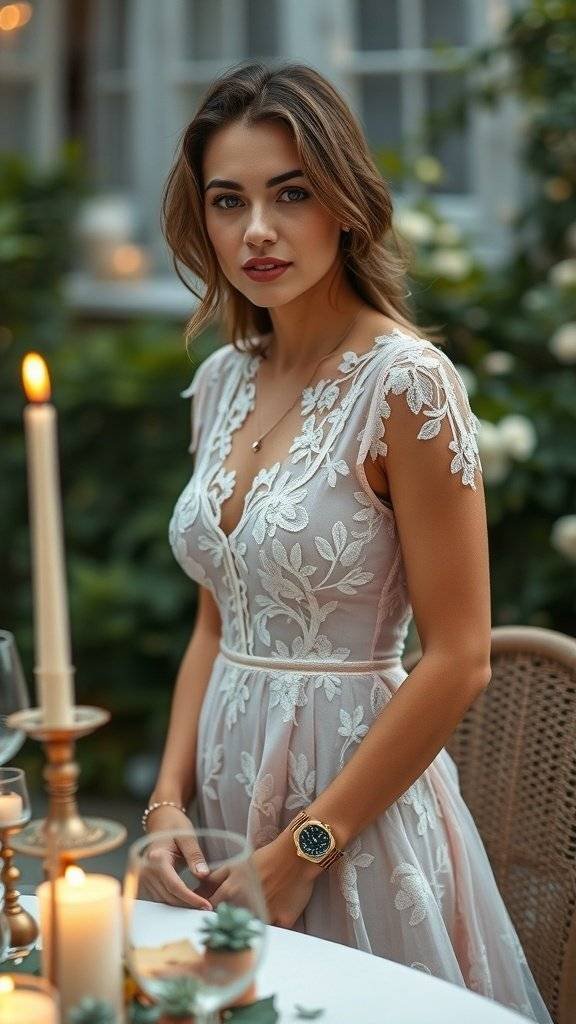 A woman in a floral dress with a soft candle glow, exuding elegance and charm.