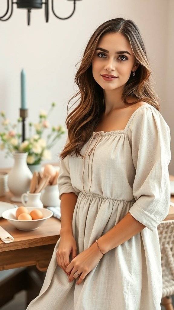 A woman in a linen dress sitting at a rustic Easter table with flowers and eggs.