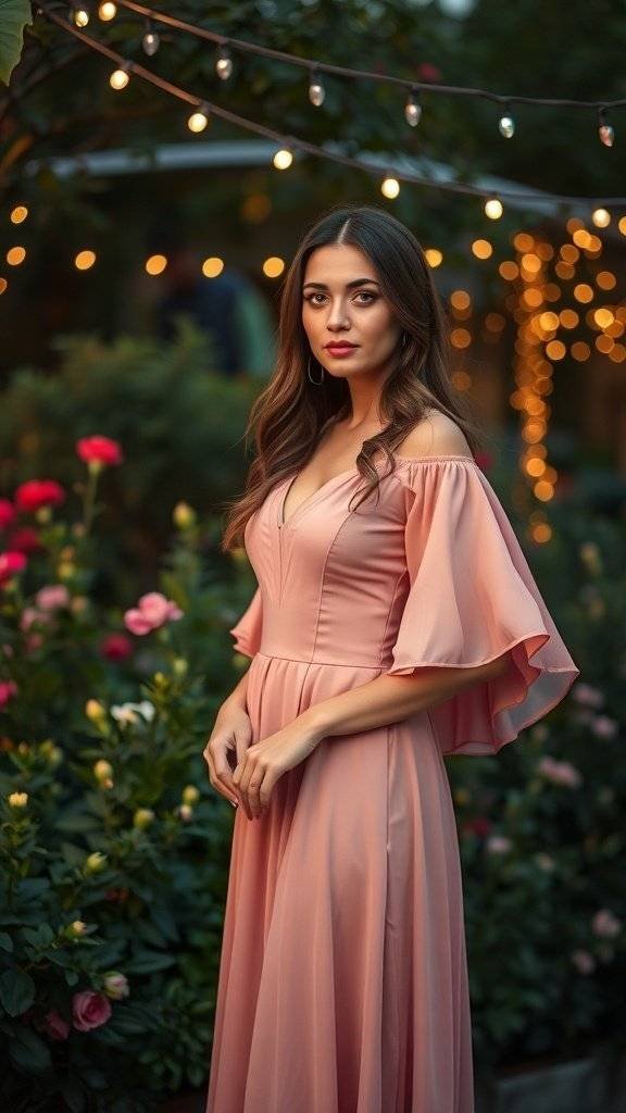 A woman in a blush dress with fluttery sleeves, standing in a garden adorned with fairy lights.
