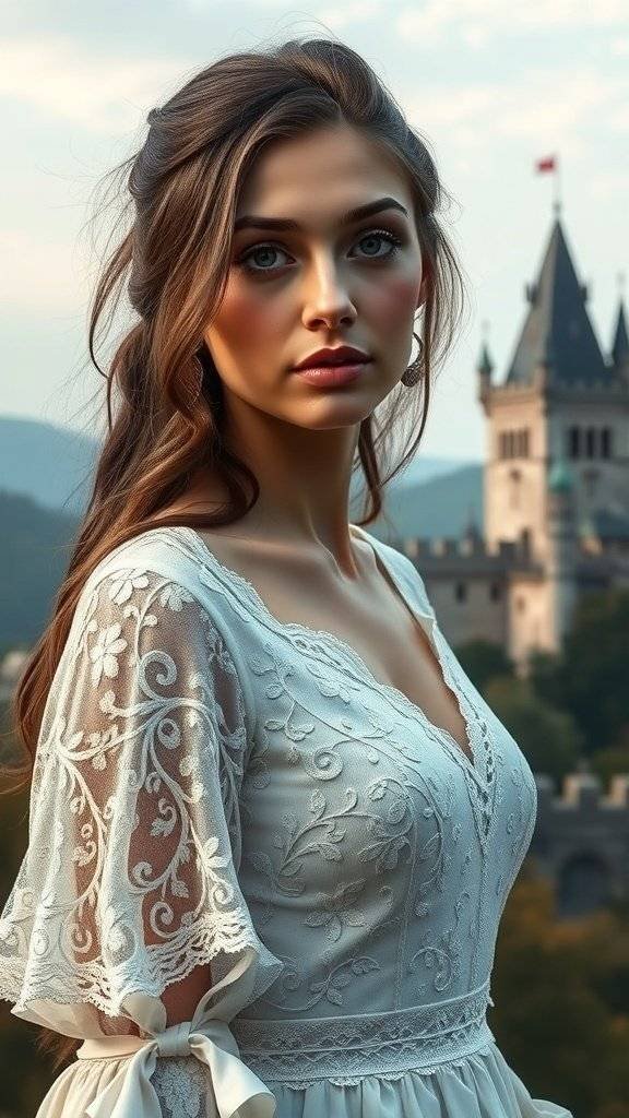 A woman in an ivory dress with lace sleeves, standing in front of castle towers.