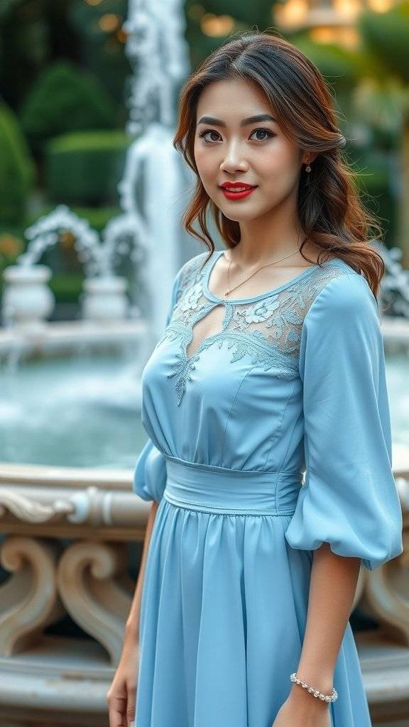 A woman in a soft blue dress stands near a garden fountain, showcasing elegance and spring style.