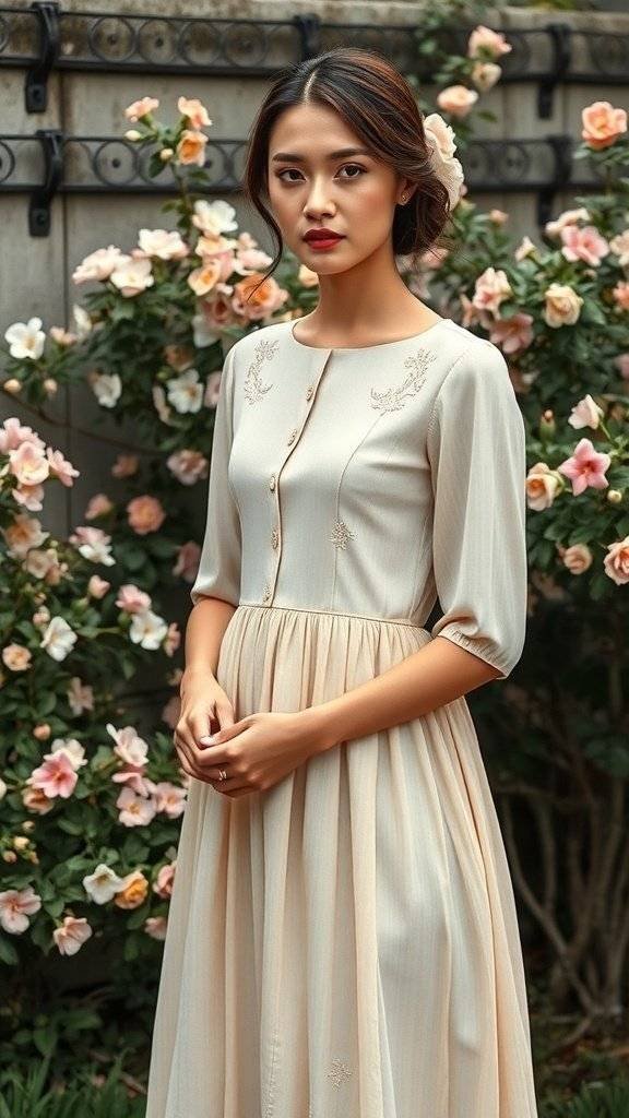 A woman in a neutral dress standing in a walled garden filled with flowers.