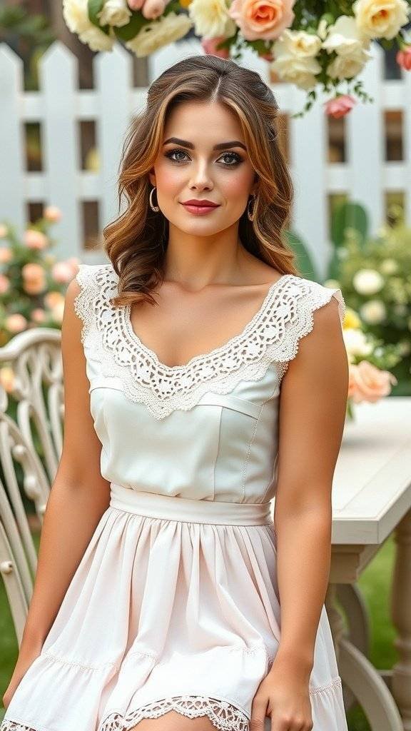 A woman in a pastel dress with lace details, sitting at a tea table decorated for Easter.