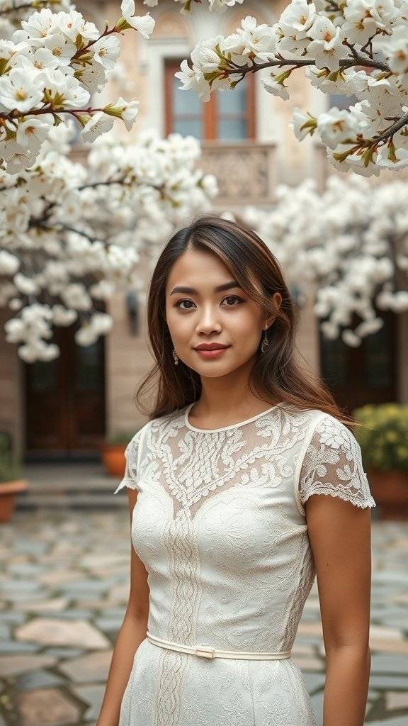 A woman wearing a cream dress in a blooming courtyard filled with white flowers.