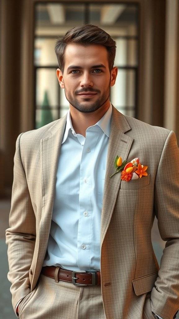 A man in a light-colored suit with a colorful pocket square, showcasing a stylish retro look.