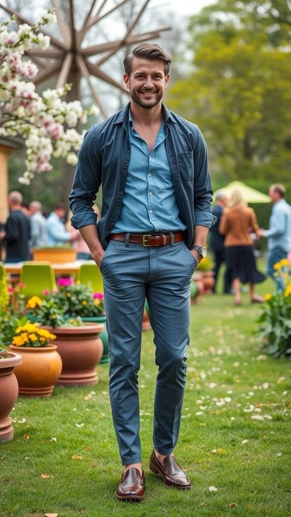 A man in a stylish mod casual outfit, featuring a light blue shirt and fitted trousers, standing in a garden setting.