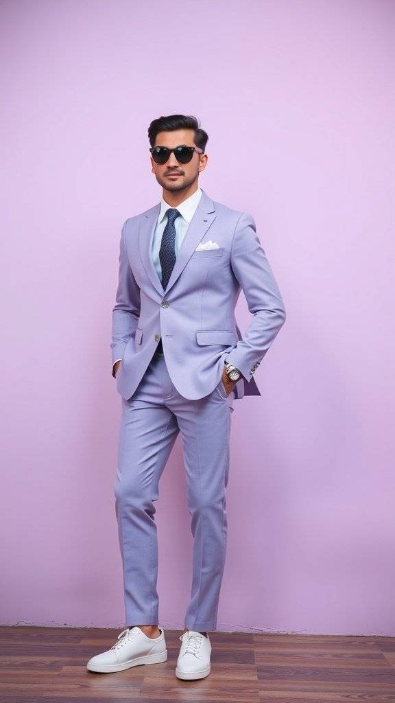 A man in a soft lavender suit with sunglasses, standing against a pink background.