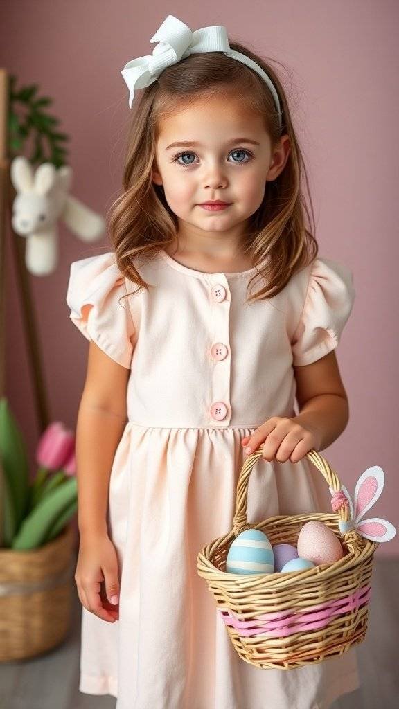 A little girl wearing a pink mod mini dress with puffed sleeves, holding a basket of colorful Easter eggs.